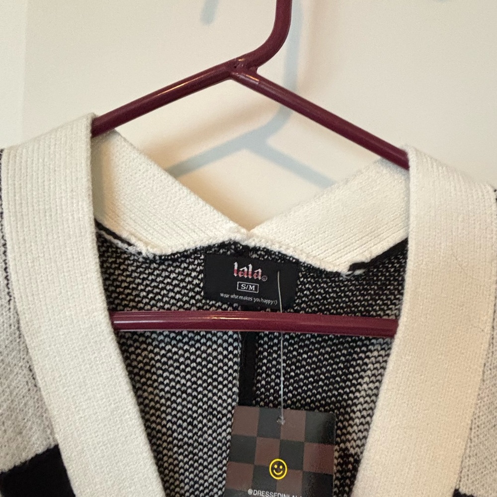 Dressed in Lala Love You Oversized Checkerboard Cardigan in Black + White - Picture 3 of 5